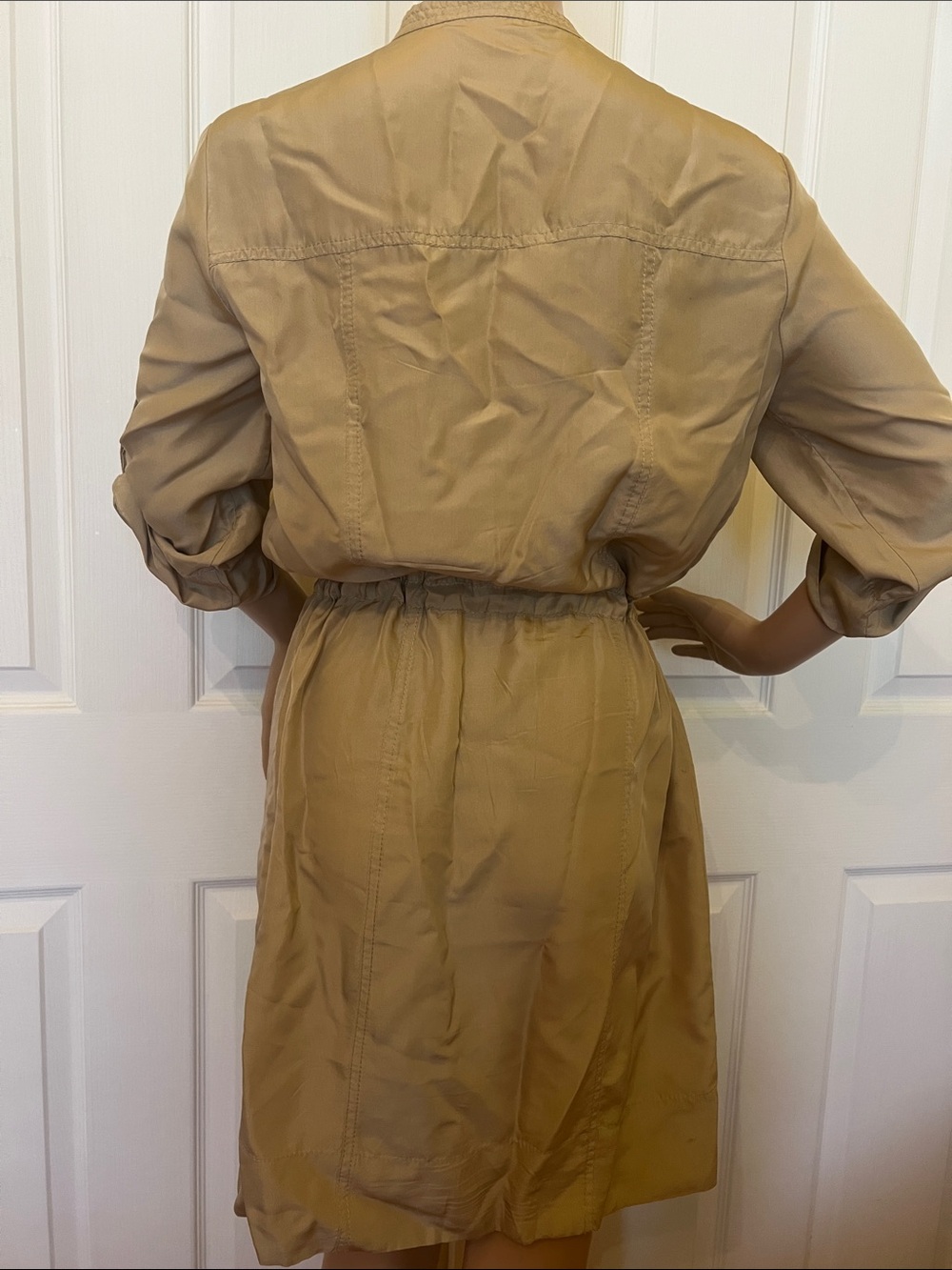 Women's Silk Tan Utility Shirt Dress - Casual Drawstring Waist S/P - Picture 6 of 8